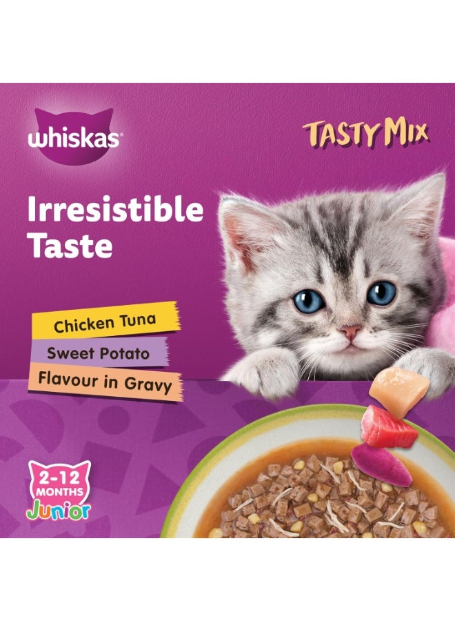 Whiskas Junior Tasty Mix Chicken Tuna & Sweet Potato Flavour In Gravy 2-12 Months 100% Balanced Nutrition 4X70G - Image 2
